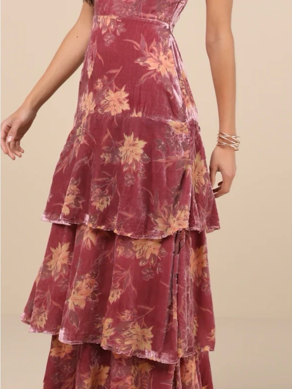 Lulu’s Tiered Floral Velvet Maxi Dress - Rose